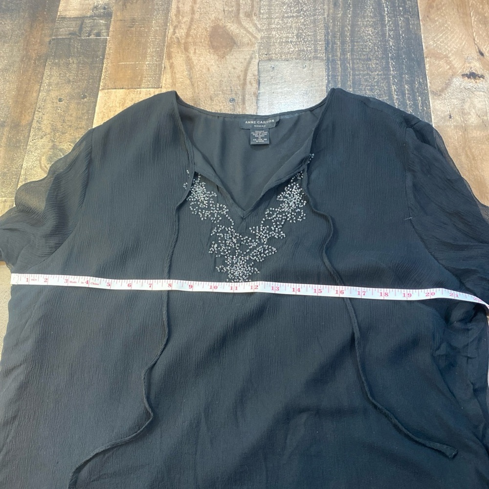 Anne Carson Black Silk Sheer Black Beaded Long Sleeve Blouse W/ Lining Size 1X - Picture 6 of 11